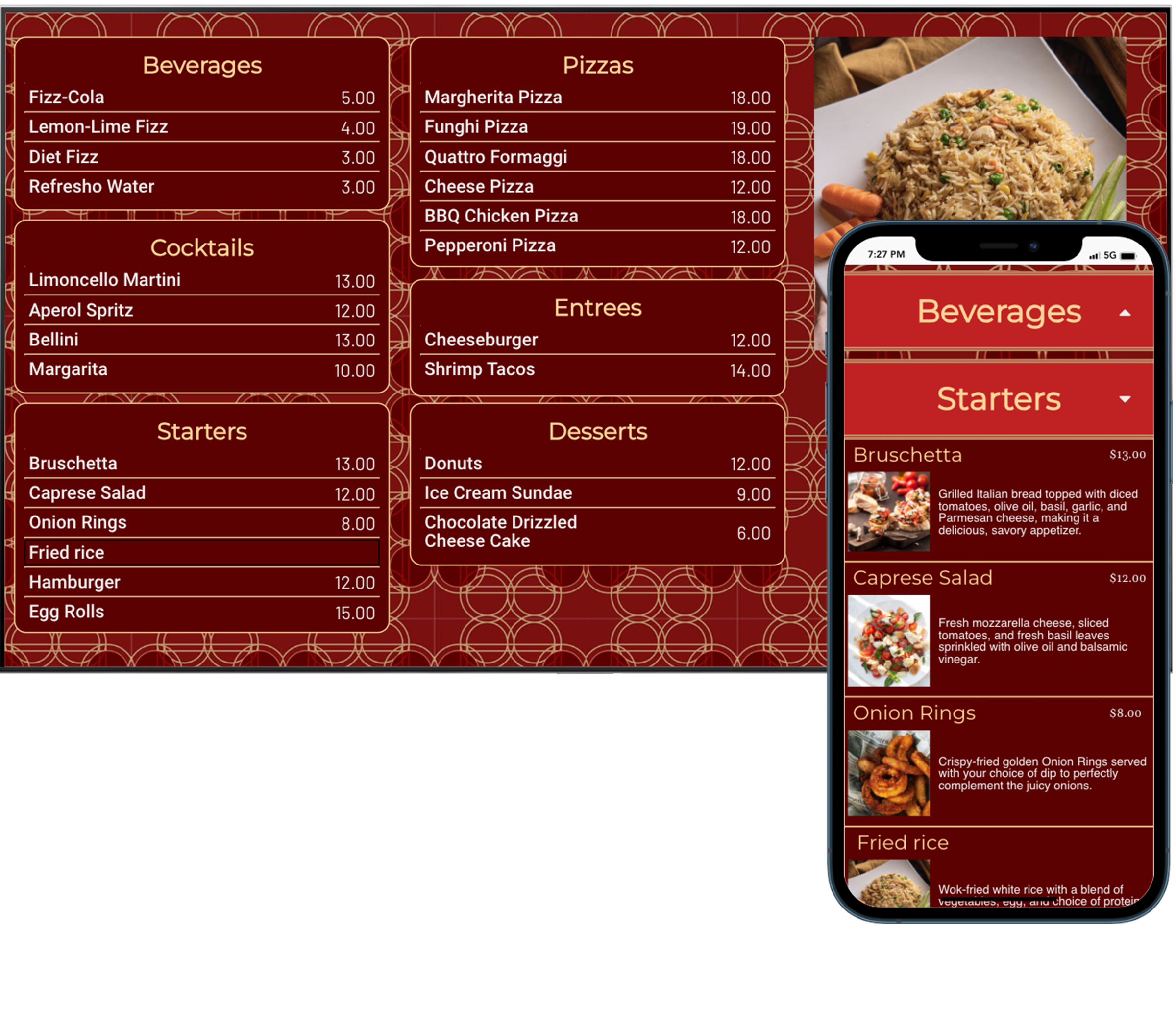 A digital menu board with a red ornate background, showcasing a variety of food options including Beverages, Pizzas, Cocktails, Starters, Entrées, and Desserts. A smartphone displays a detailed section of the starters menu, enhancing the dining experience with vivid images