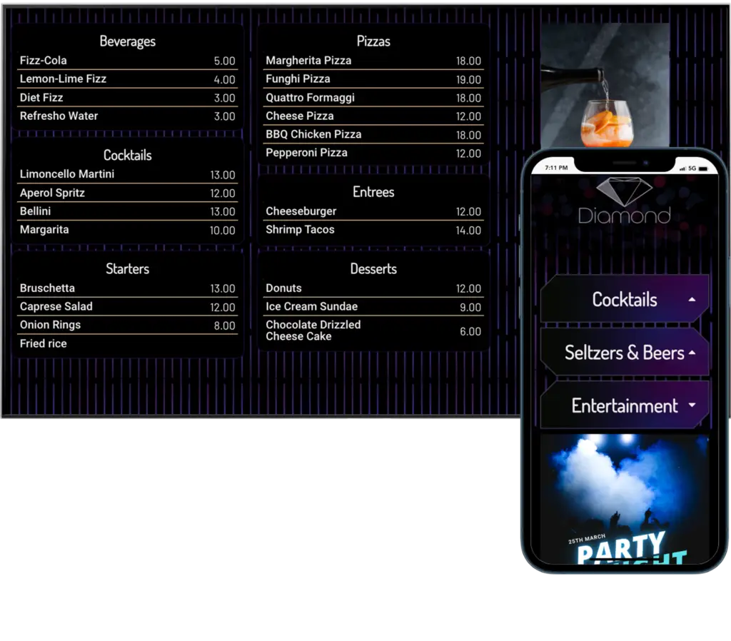 Interactive digital menu board with neon blue accents, featuring categories like Beverages, Pizzas, Cocktails, and Desserts, with a mobile device showcasing a complementary digital menu and upcoming entertainment events.