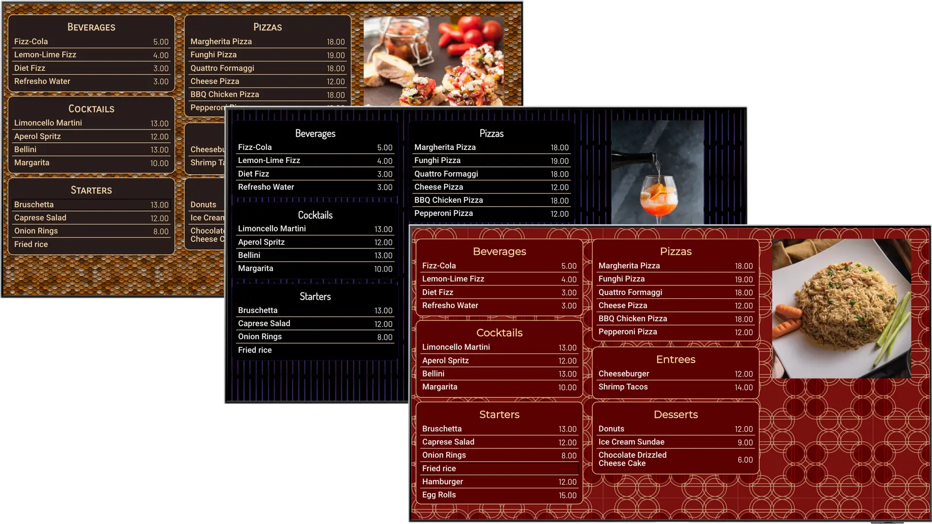 A digital menu sign displaying sections for beverages, pizzas, entrees, starters, cocktails, and desserts, with a clear, bright design on an elegant background.