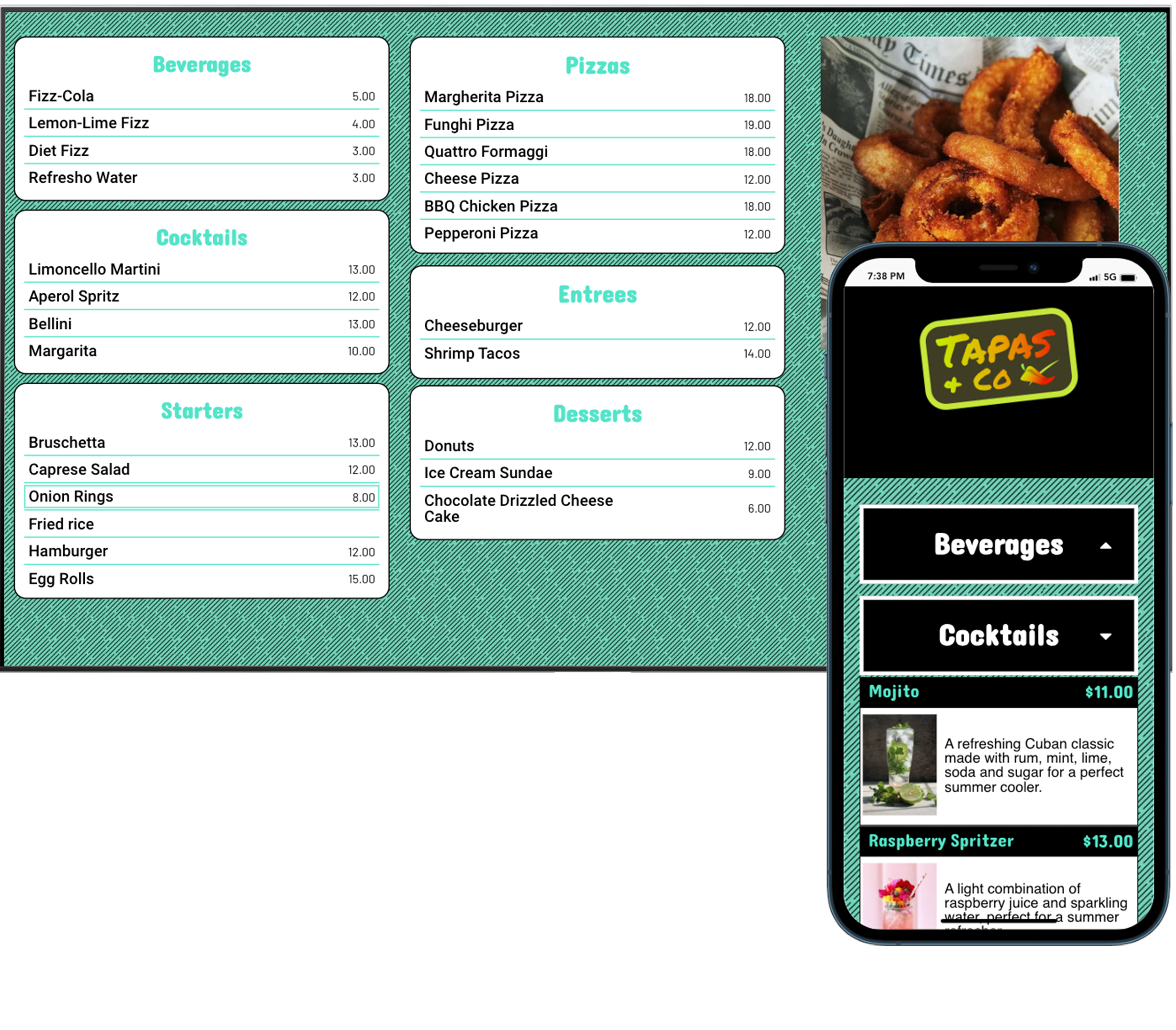 A vibrant digital menu board with a green textured background displaying categories such as Beverages, Pizzas, Cocktails, Starters, Entrées, and Desserts, with a mobile device showing detailed drink options.