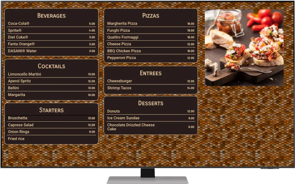 A Digital menu board for use in a restaurant.