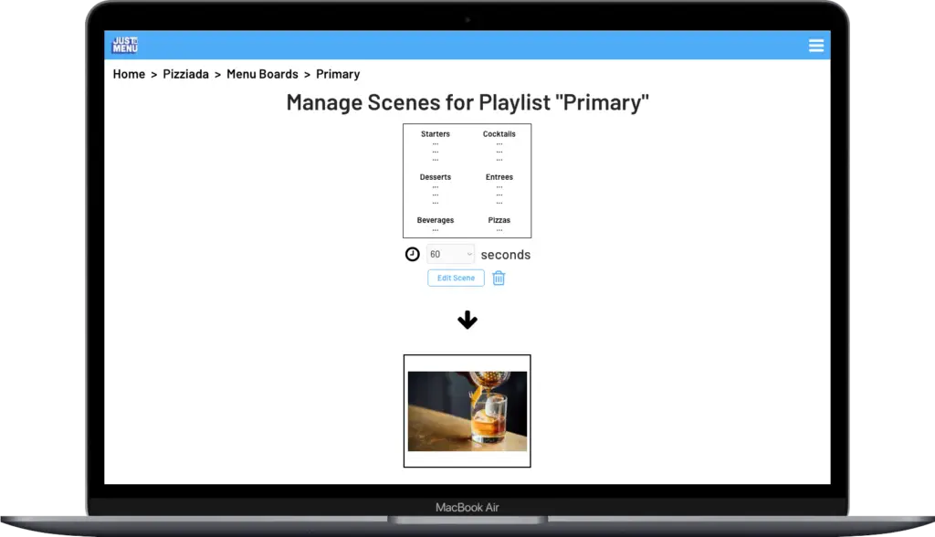 Just a Menu' digital signage playlist editor with options for Starters, Cocktails, Desserts, and more, showcasing an editable digital menu for restaurants.