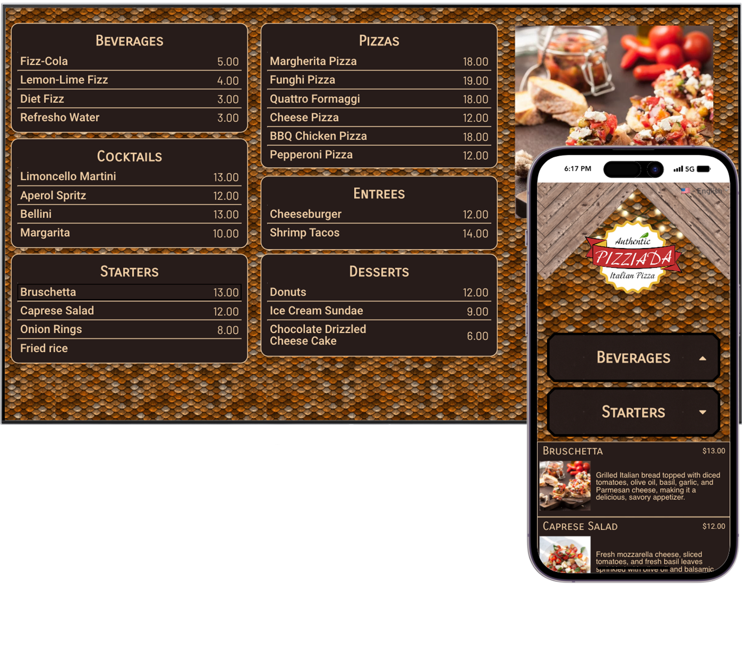 An example of a restaurant's digital signage menu displayed on a brown hexagonal tile background. The menu is divided into sections for Beverages, Pizzas, Cocktails, Entrées, Starters, and Desserts, with prices listed next to each item. A companion mobile phone displays a QR code for the menu, indicating the option for contactless ordering.