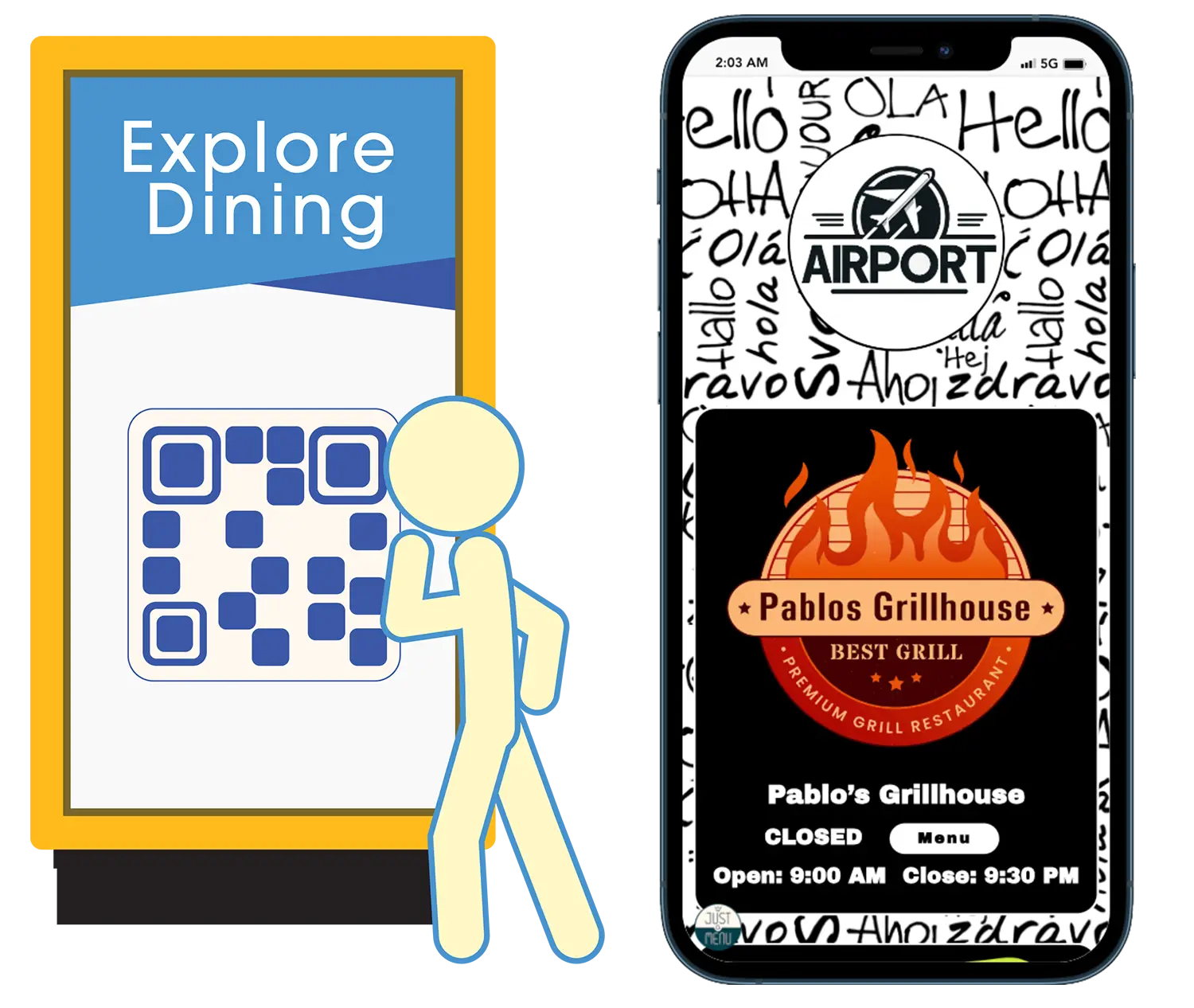 A Restaurant directory sign displaying a QR code and a phone displaying the associated restaurant directory.